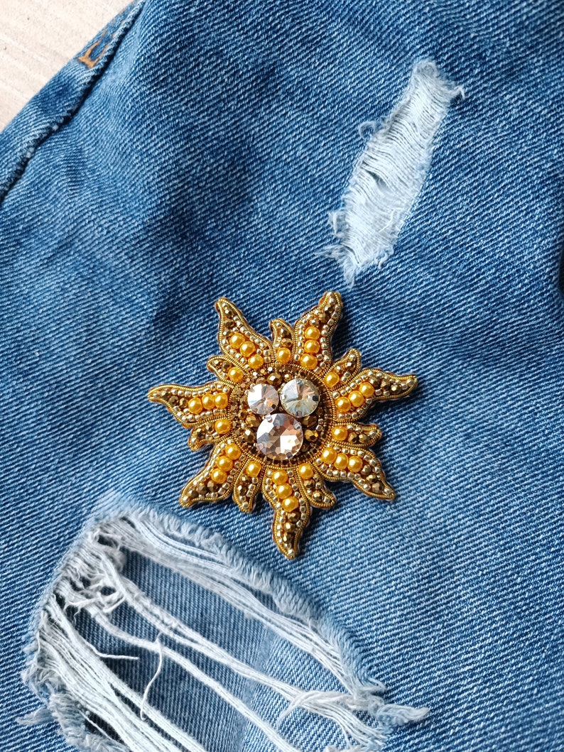 Beaded sun brooch cosmos jewelry cosmic planet pin handmade pin gift for her golden sun image 4