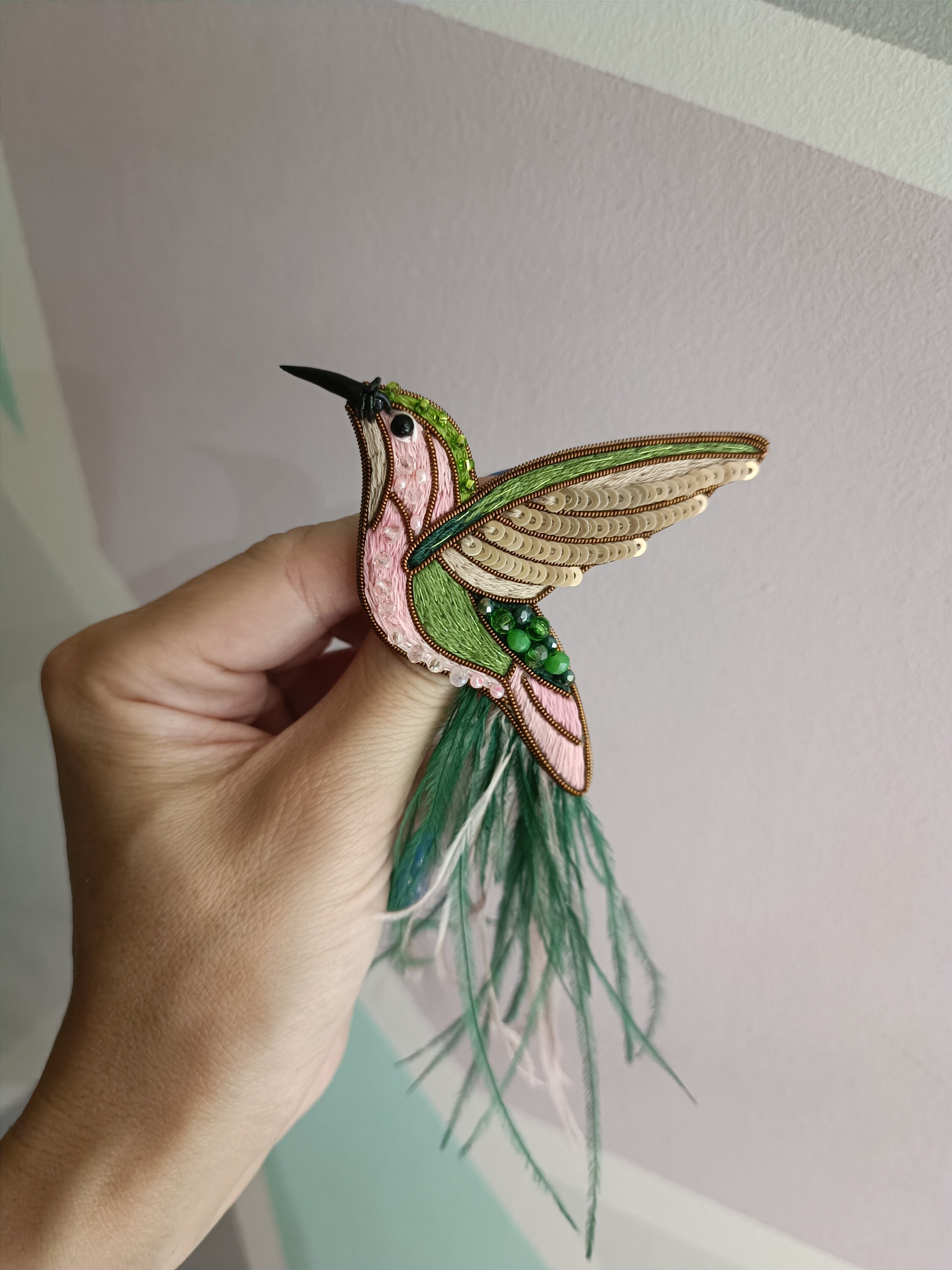 Embroidered bird brooch seed beaded hummingbird pin cotton brooch bird lover gift bird jewelry green bird pin sequins bird gift for her - Thumbnail 6