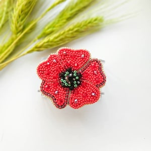 Beaded poppy brooch red floral jewelry embroidered gift for her unique flower brooch poppy blossom botanical flower pin poppy jewelry