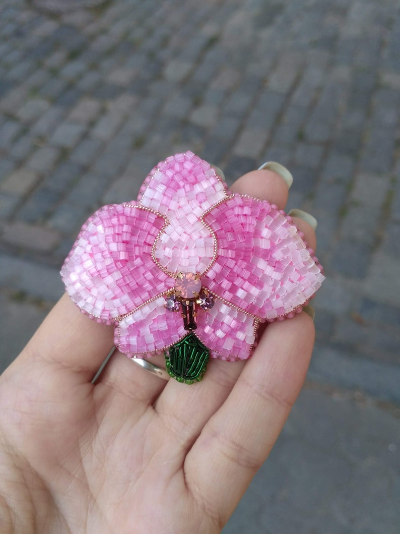 Beaded orchid flower brooch seed beads pin beaded floral jewelry pink flower brooch embroidered orchid jewelry best gift for her