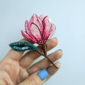 Embroidered magnolia flower brooch beaded floral pin handmade jewelry embroider art Christmas gift for her pink flower jewelry cotton brooch image 6