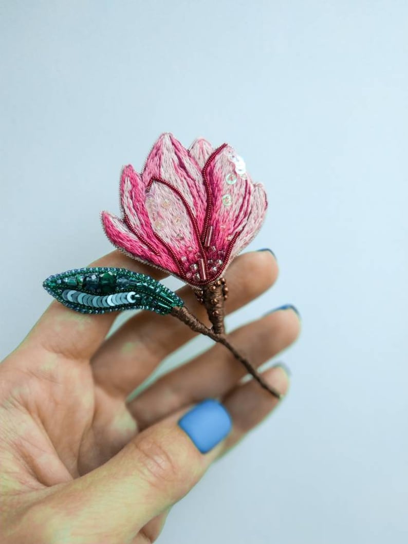 Embroidered magnolia flower brooch beaded floral pin handmade jewelry embroider art Christmas gift for her pink flower jewelry cotton brooch image 6