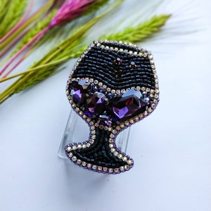 Beaded glass brooch wine lover gift purple wine pin glass jewelry handmade brooch embroidered wine glass gift for her rhinestones jewelry image 4