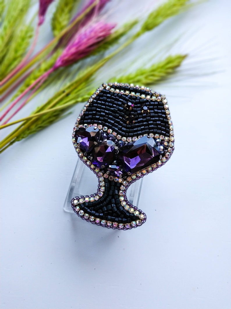 Beaded glass brooch wine lover gift purple wine pin glass jewelry handmade brooch embroidered wine glass gift for her rhinestones jewelry image 4