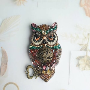 Beaded owl brooch embroidered bird jewelry handmade pin owl lover gift owl embroidered gift for her unique animal pin image 4