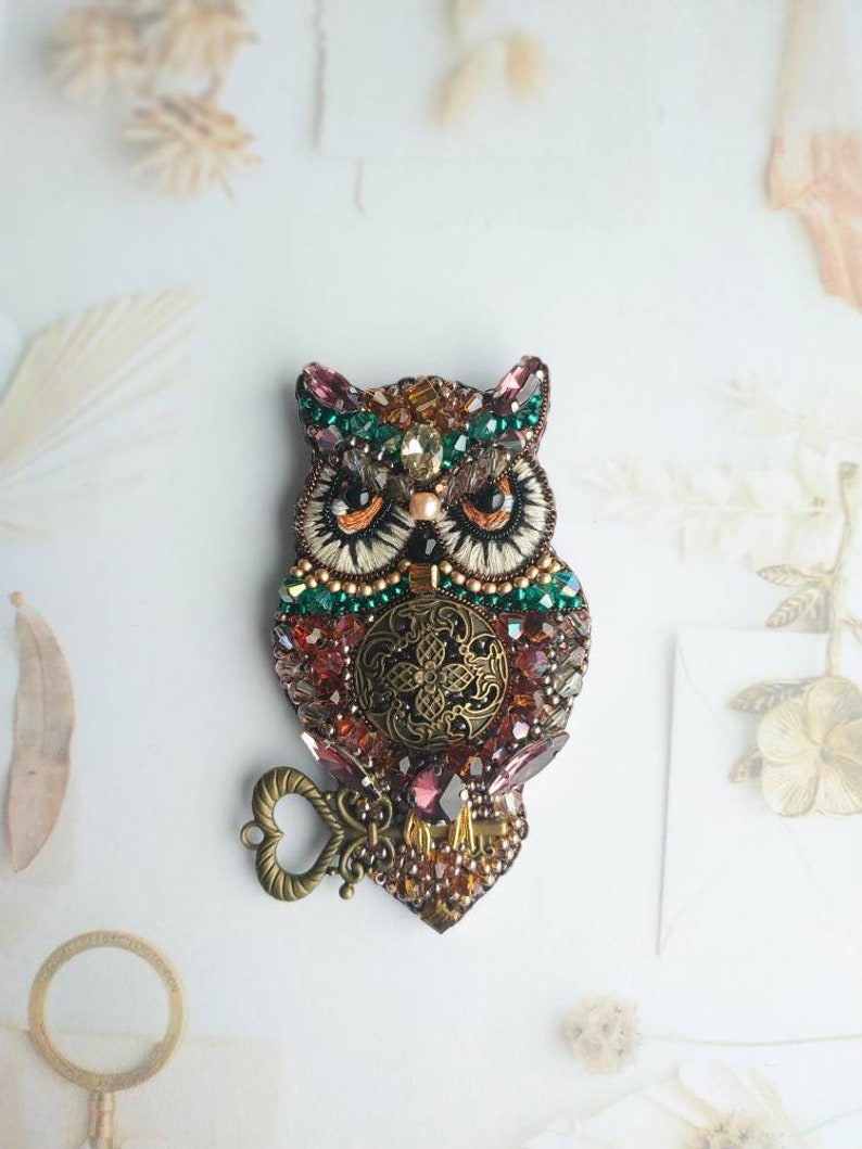 Beaded owl brooch embroidered bird jewelry handmade pin owl lover gift owl embroidered gift for her unique animal pin image 4