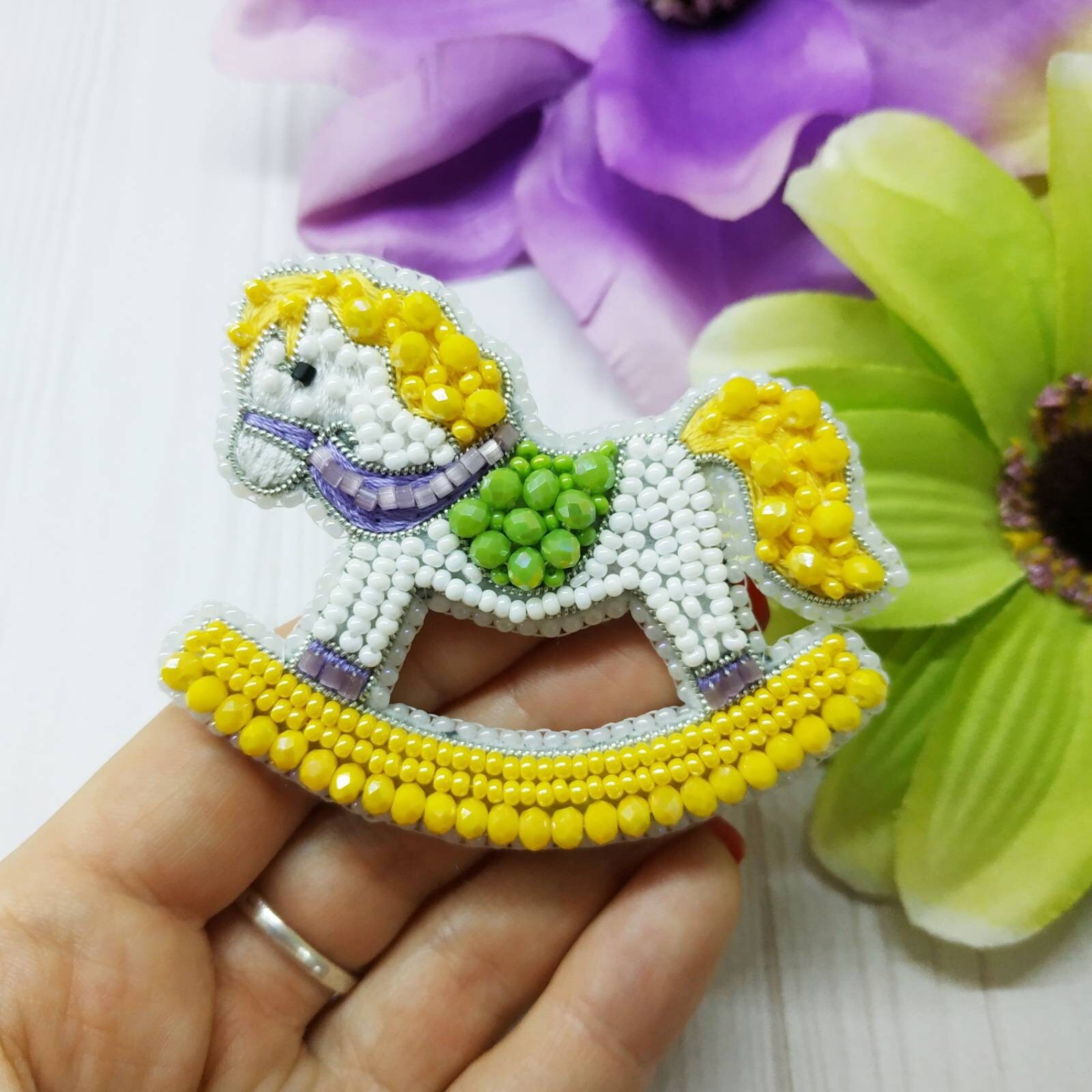 Beaded toy horse brooch handmade embroidered seed beads pin for kids gift for her white horse yellow beaded jewelry - Image 1