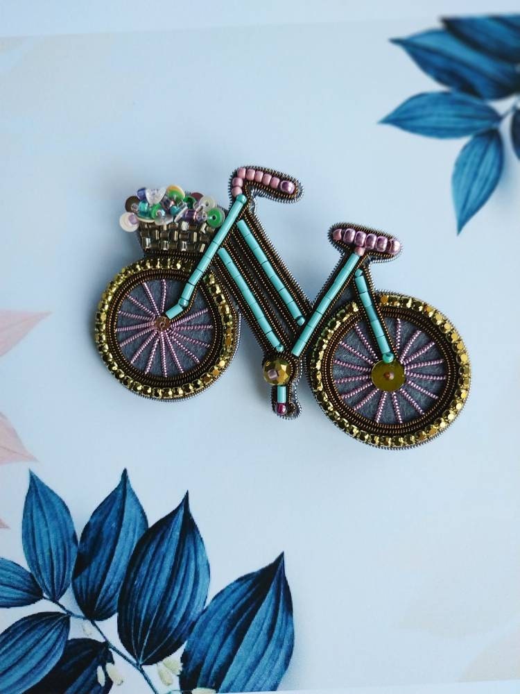 Embroidered bicycle brooch bike rider pin bike lover gift beaded brooch for her unique jewelry pin Christmas gift handmade brooch - Thumbnail 3