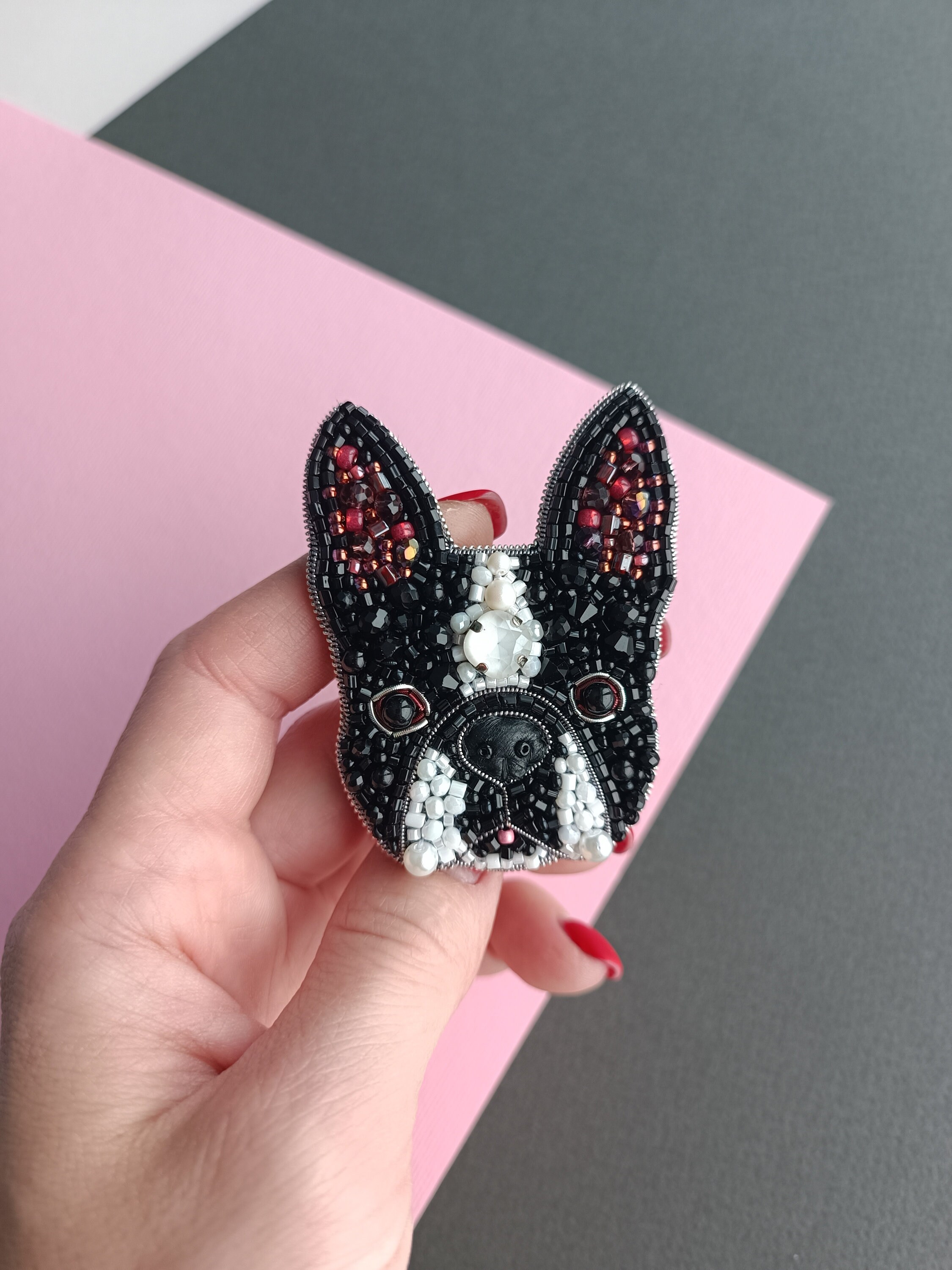 Embroidered french bulldog pin beaded dog brooch dog lover gift unique jewelry handmade in Ukraine - Thumbnail 6