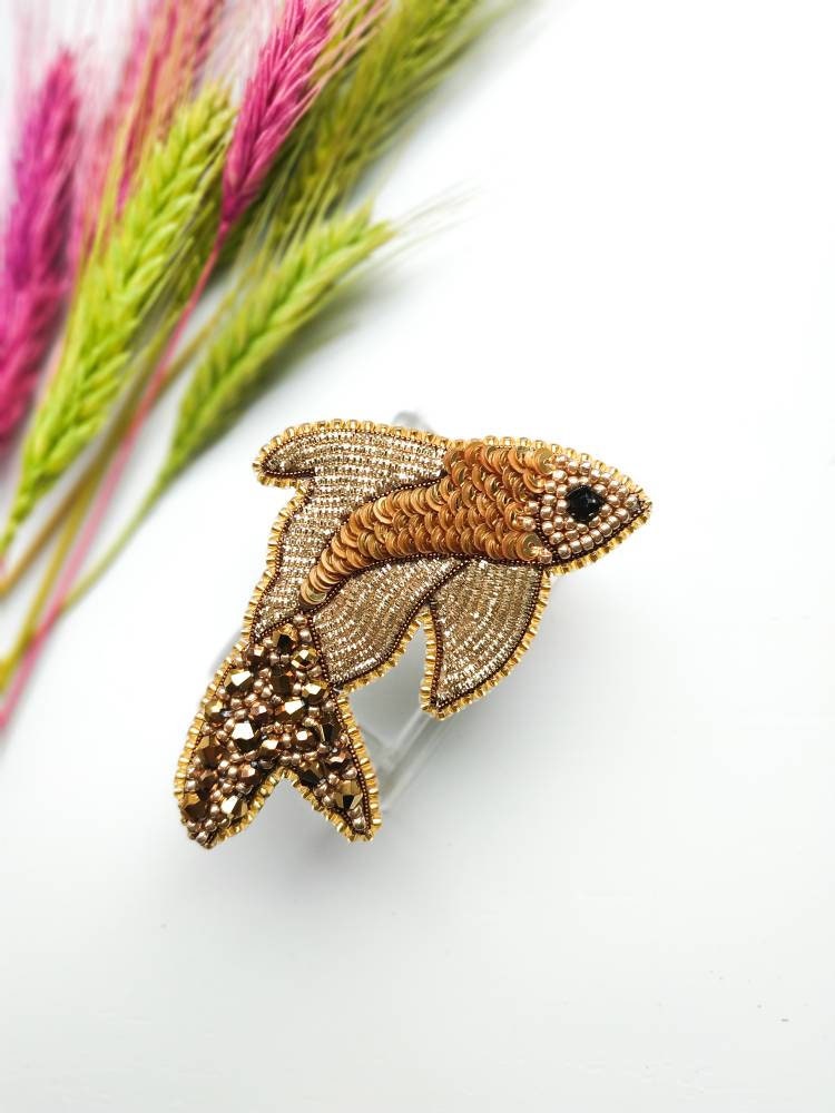 Beaded golden fish brooch embroidered fish pin pisces horoscope sign jewelry handmade Christmas gift for her sequins fish brooch with beads - Thumbnail 7