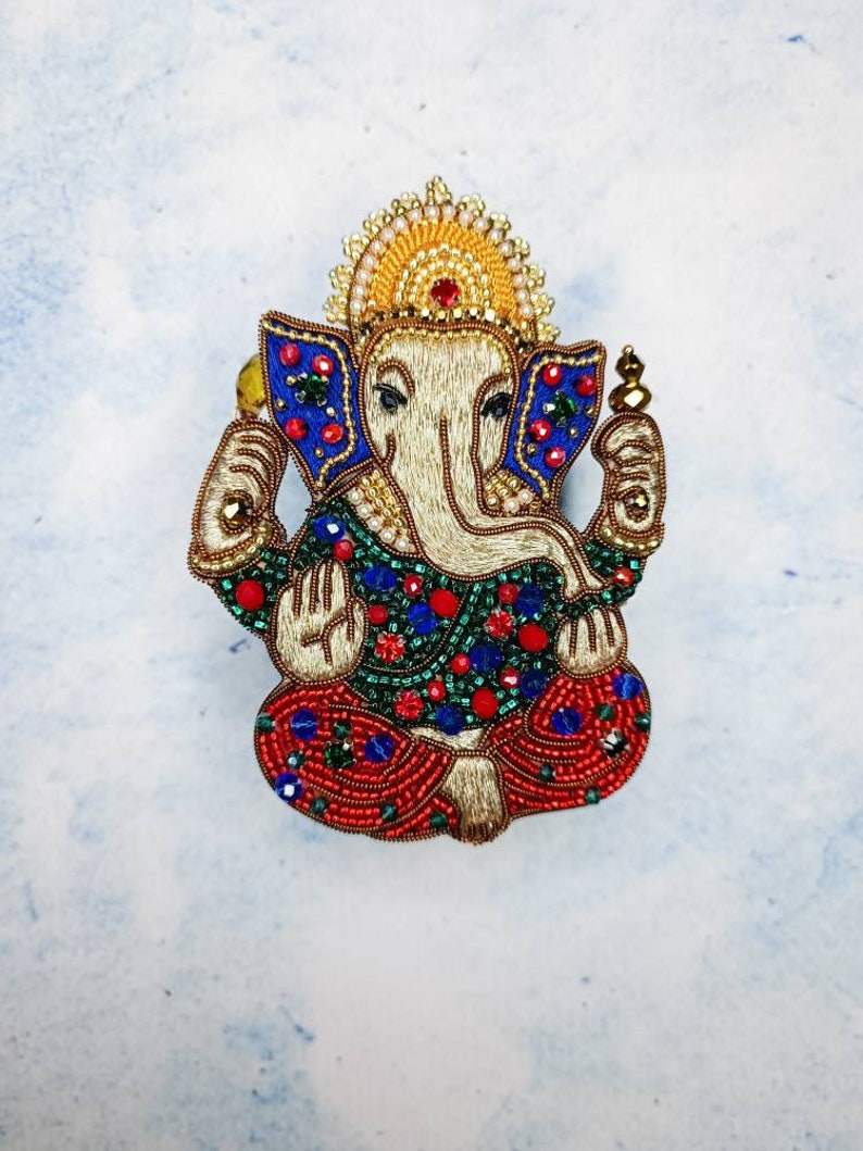 Embroidered Ganesh brooch handmade beaded pin Elephant God jewelry Ganesha God brooch image 2