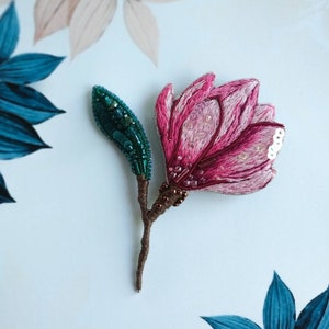 Embroidered magnolia flower brooch beaded floral pin handmade jewelry embroider art Christmas gift for her pink flower jewelry cotton brooch image 7