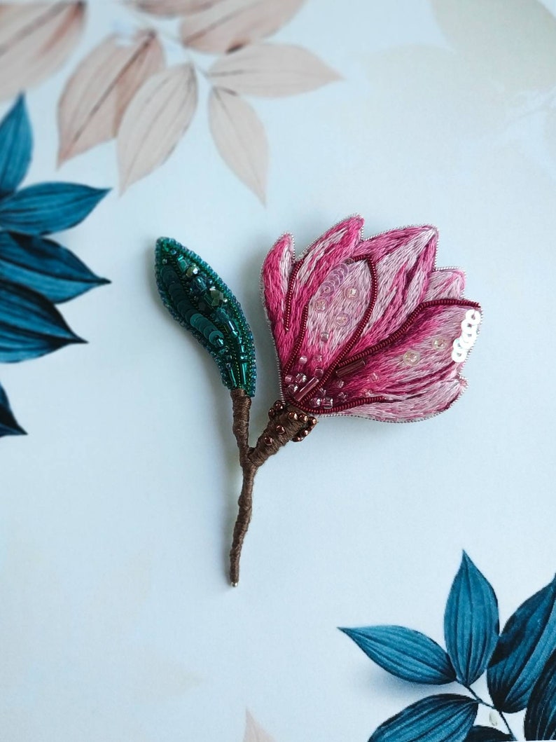 Embroidered magnolia flower brooch beaded floral pin handmade jewelry embroider art Christmas gift for her pink flower jewelry cotton brooch image 7