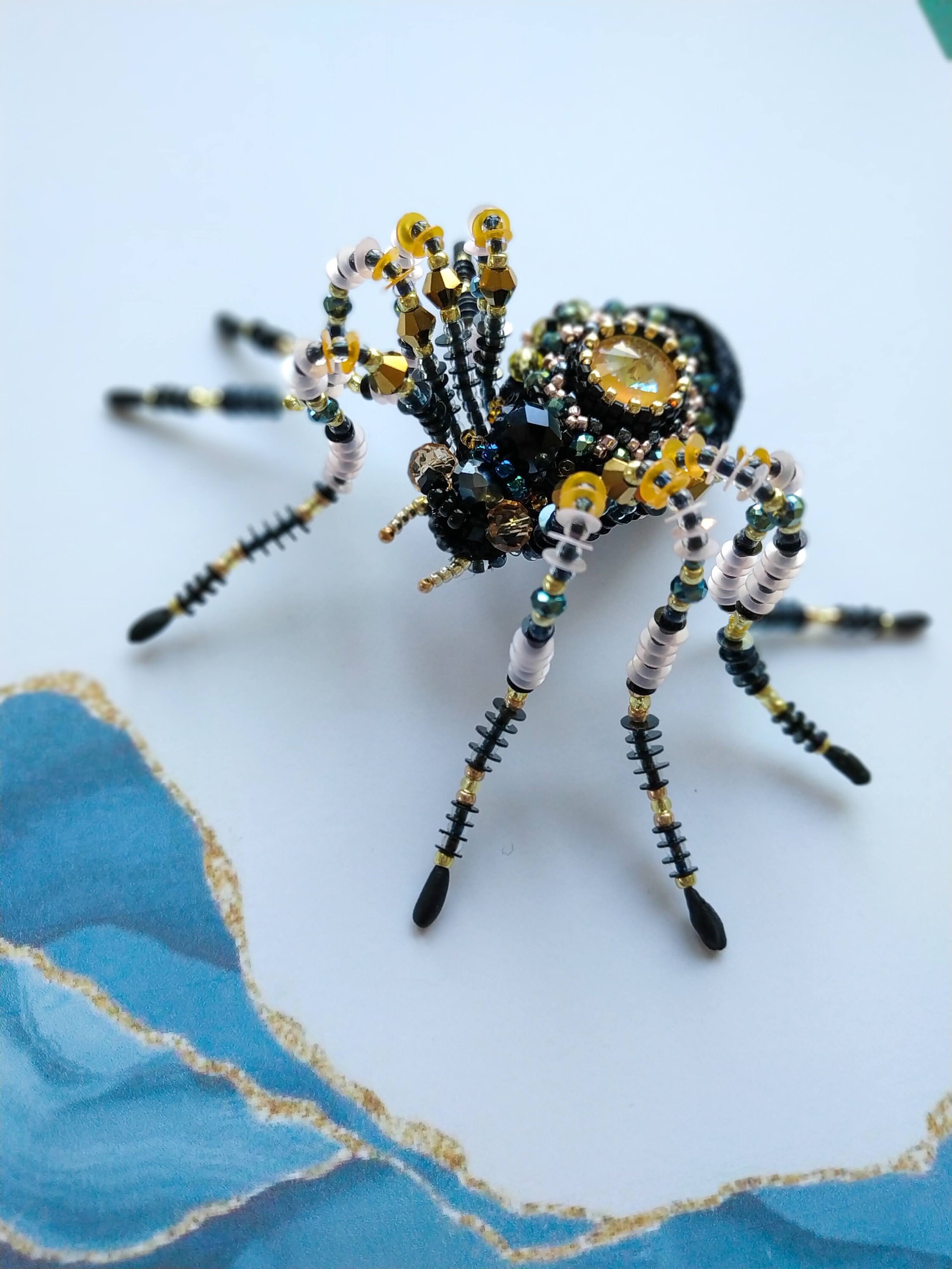Embroidered spider brooch seed bead pin beaded handmade jewelry Halloween jewelry witch accessories black spider insect pin unique gift - Thumbnail 5