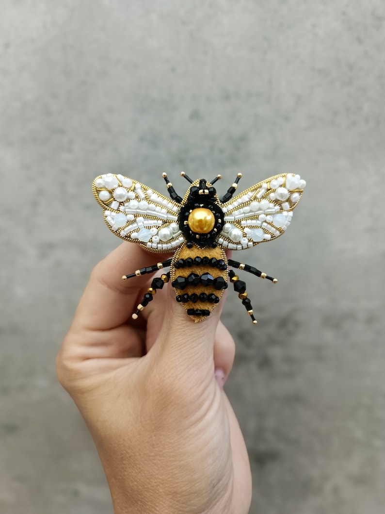 Beaded bee brooch embroidered insect pin handmade jewelry made in Ukraine best Christmas gift for her image 3