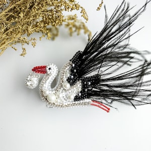 Beaded stork brooch embroidered white bird pin stork jewelry handmade pin unique gift stork lover jewelry gift for her