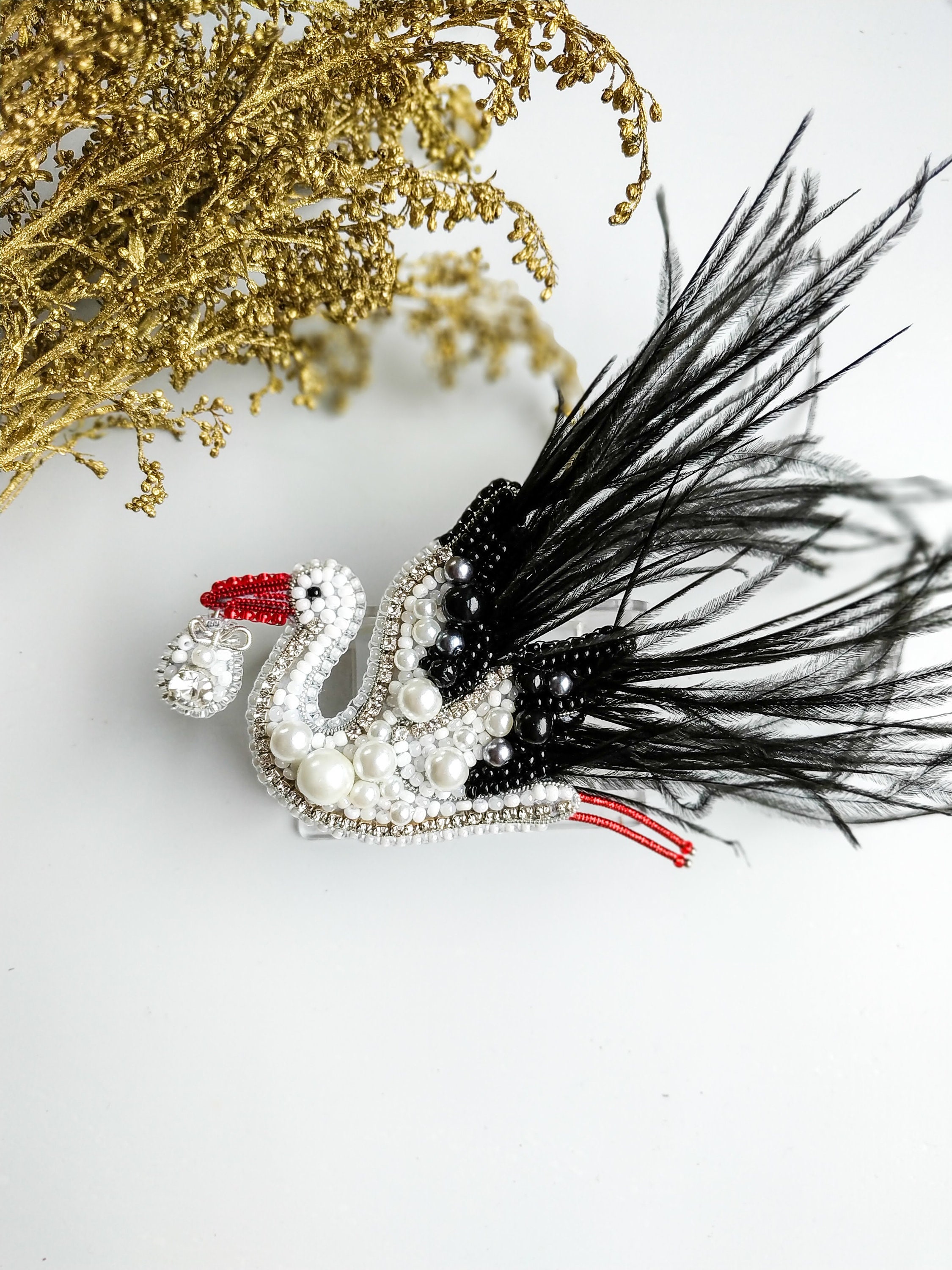 Beaded stork brooch embroidered white bird pin stork jewelry handmade pin unique gift stork lover jewelry gift for her - Image 1