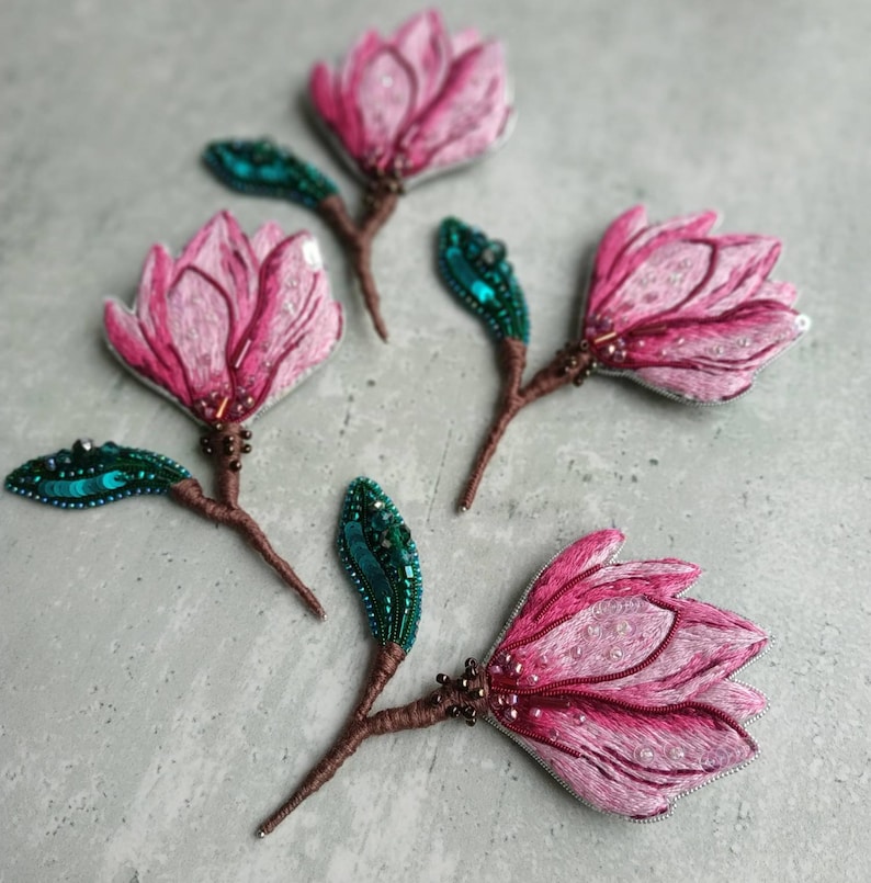 Embroidered magnolia flower brooch beaded floral pin handmade jewelry embroider art Christmas gift for her pink flower jewelry cotton brooch image 10