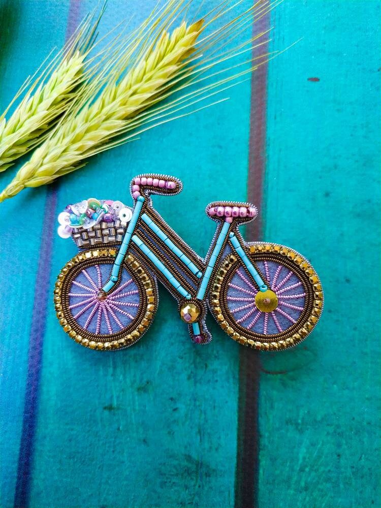 Embroidered bicycle brooch bike rider pin bike lover gift beaded brooch for her unique jewelry pin Christmas gift handmade brooch - Thumbnail 2