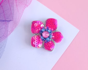 Beaded flower brooch embroidered sequins pin floral lovers gift small handmade brooch made in Ukraine pink flower