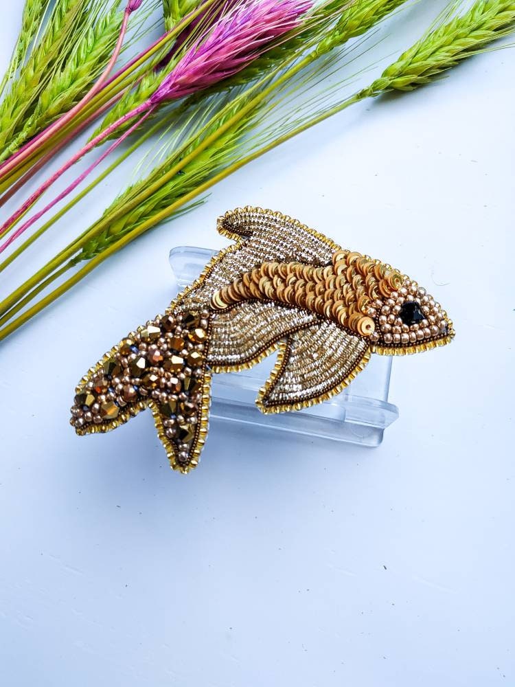 Beaded golden fish brooch embroidered fish pin pisces horoscope sign jewelry handmade Christmas gift for her sequins fish brooch with beads - Thumbnail 4
