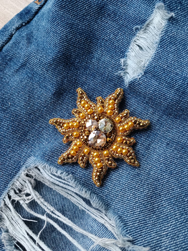 Beaded sun brooch cosmos jewelry cosmic planet pin handmade pin gift for her golden sun image 3