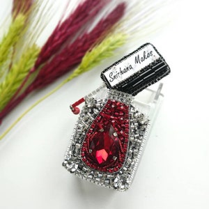 Beaded nail polish brooch, nail artist personalized gift, nail polish badge pin, red nail polish, personalized pin, unique gift embroidered
