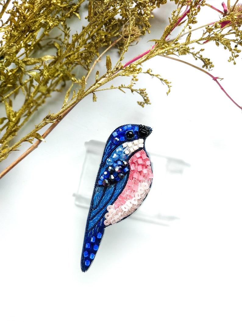 Embroidered bird brooch small dark blue bird pin handmade seed beaded bird jewelry gift for her bird lover gift bird brooch beaded unique image 3