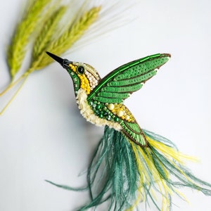 Embroidered hummingbird brooch beaded bird pin green and yellow hummingbird jewelry Christmas gift for her unique jewelry ostrich feather