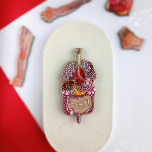 Peut inclure: Une broche faite à la main représentant le système digestif humain, les poumons et d'autres organes. La broche est principalement rose, rouge et or, avec des perles complexes. La broche est posée sur une base blanche de forme ovale.