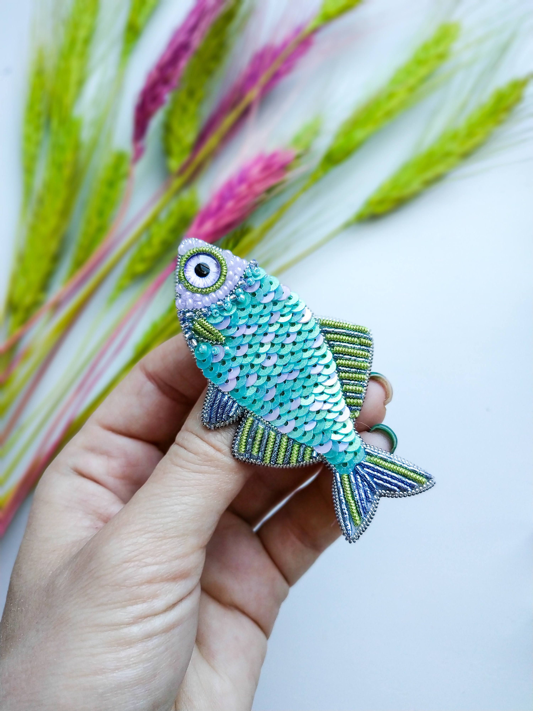 Embroidered sequins fish brooch beaded pin handmade gift for her fish lover gift pisces sign sequins jewelry seed beads and sequins brooch - Thumbnail 6