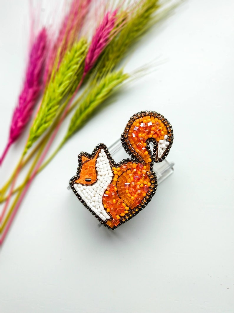 Beaded fox brooch orange fox pin handmade embroidered fox art animal brooch unique jewelry birthday gift for her Christmas gift image 1