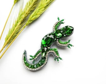 Embroidered lizard brooch beaded pin green lizard jewelry crystal beaded brooch handmade Christmas gift for her