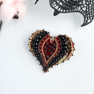 Beaded black heart brooch beloved gift pin heart jewelry gift for her lover gift mom gift unique jewelry brooch with crystals rhinestones
