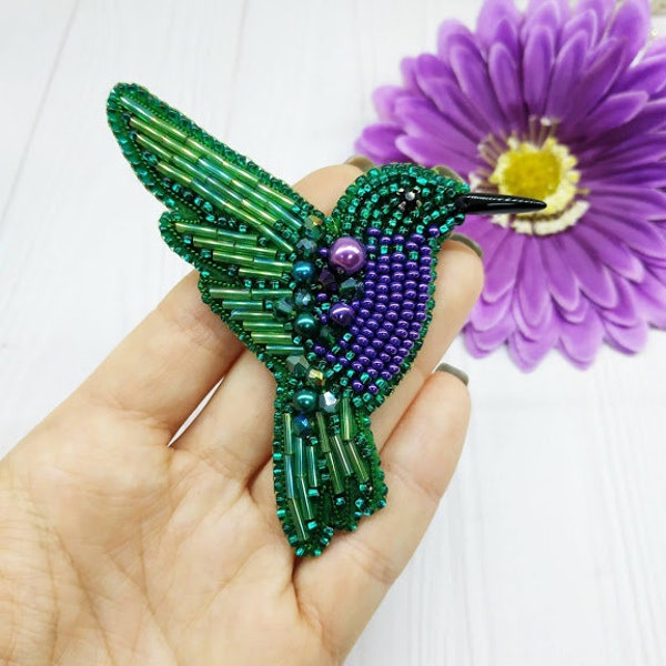 Beaded hummingbird brooch pin embroidered gift for her bird lover jewelry brooch handmade unique gift green and pirple bird colibri pin