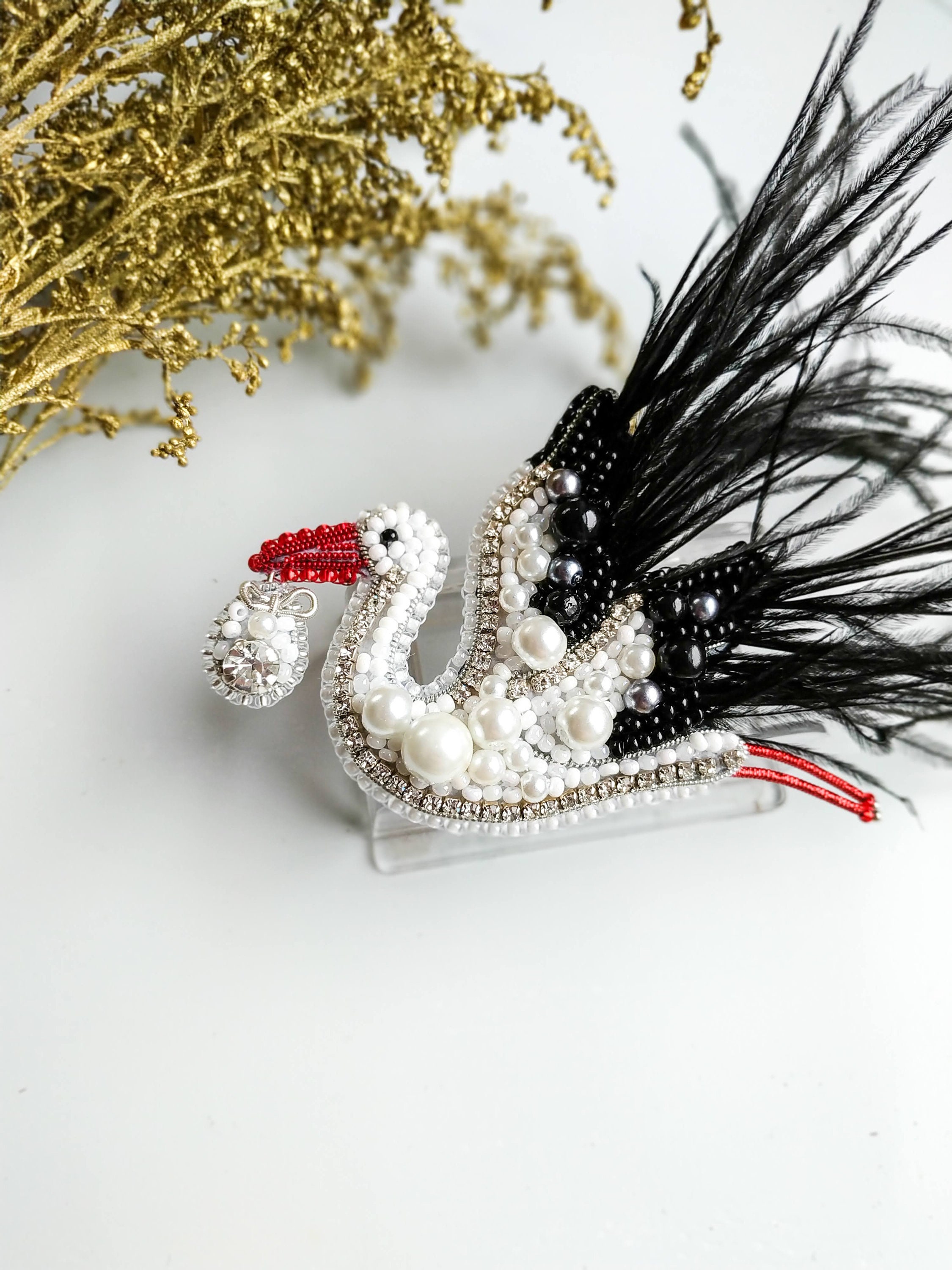 Beaded stork brooch embroidered white bird pin stork jewelry handmade pin unique gift stork lover jewelry gift for her - Thumbnail 4