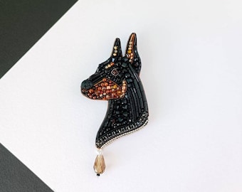 Embroidered dog brooch handmade beaded doberman pin animal jewelry dog lover gift black dog