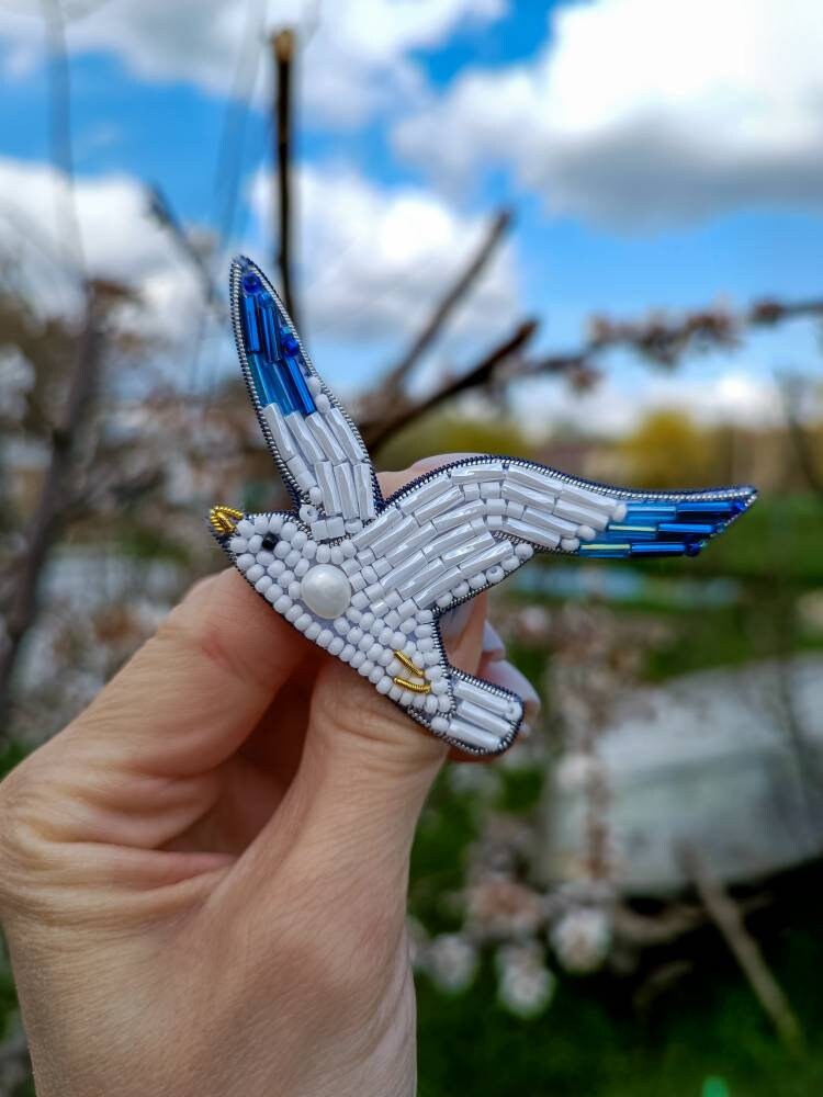 Beaded seagull brooch white bird pin bird jewelry handmade brooch ukraine shop made in Ukraine unique jewelry gift for her - Thumbnail 4