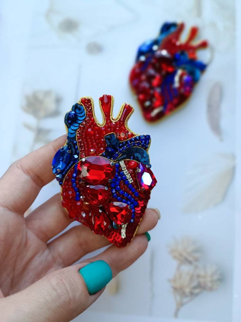 Embroidered anatomical heart brooch beaded brooch gift for her Ukrainian shop made in Ukraine handmade jewelry image 7