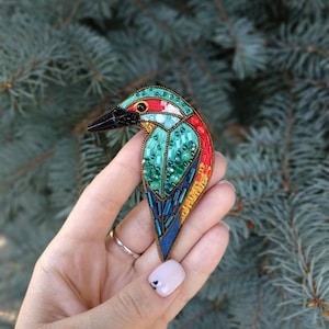 Bird brooch embroidered with beads and cotton threads bird pin kingfisher jewelry handmade Christmas gift for her bird with seed beads image 6