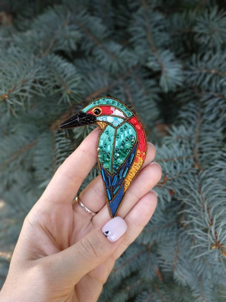 Bird brooch embroidered with beads and cotton threads bird pin kingfisher jewelry handmade Christmas gift for her bird with seed beads image 6