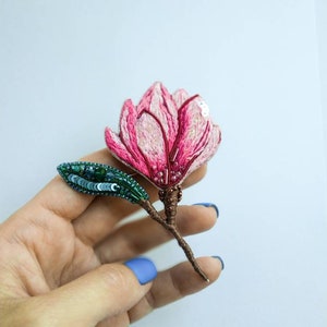 Embroidered magnolia flower brooch beaded floral pin handmade jewelry embroider art Christmas gift for her pink flower jewelry cotton brooch image 3