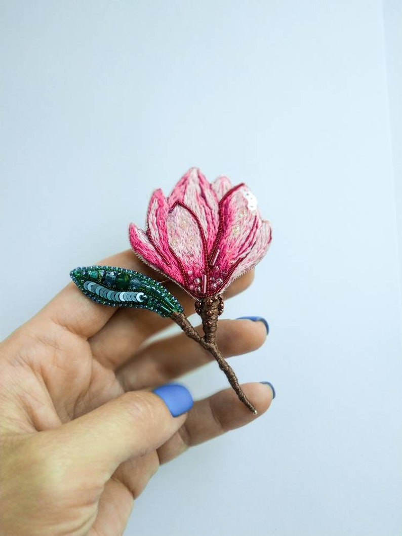 Embroidered magnolia flower brooch beaded floral pin handmade jewelry embroider art Christmas gift for her pink flower jewelry cotton brooch image 3