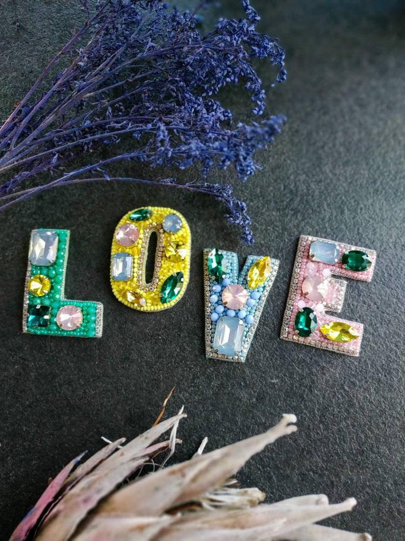 Set of 4 beaded brooches letters love jewelry embroidered love pins gift for her jacket pins handmade made in Ukraine image 1