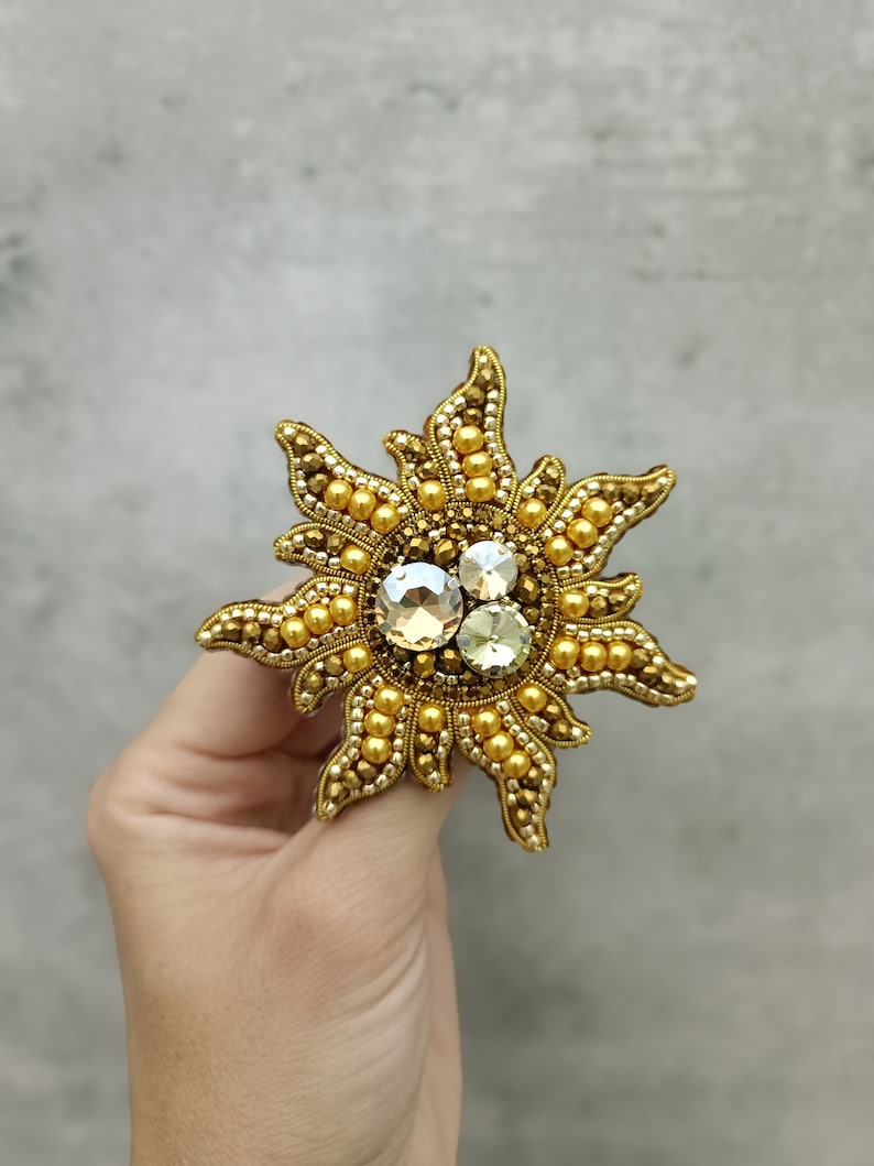 Beaded sun brooch cosmos jewelry cosmic planet pin handmade pin gift for her golden sun image 2