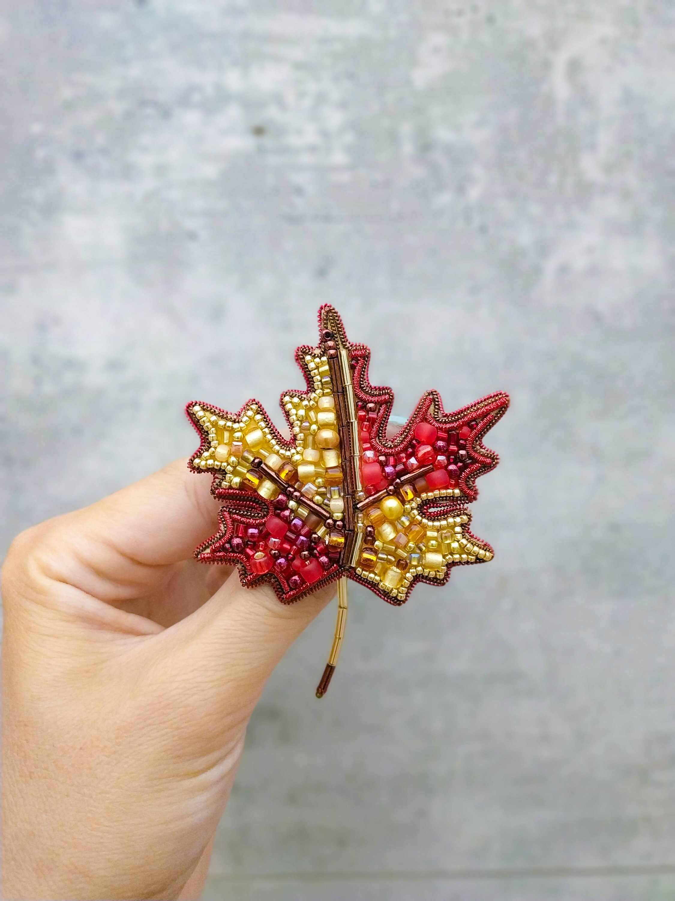 Beaded maple leaf brooch embroidered maple jewelry yellow and red reaf pin canadian symbol maple tree beaded Christmas gift for her - Thumbnail 2