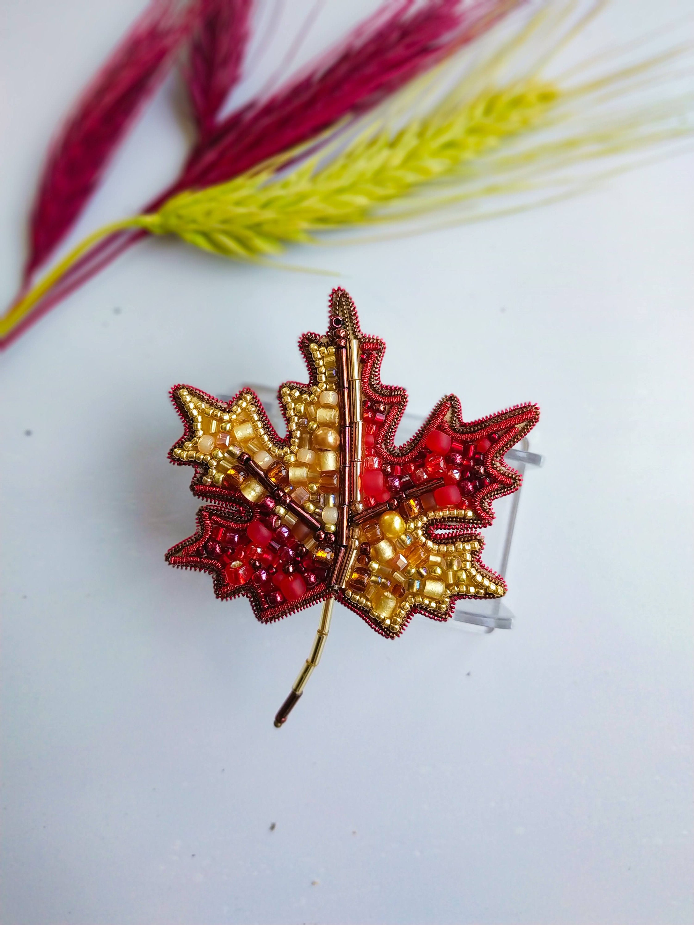 Beaded maple leaf brooch embroidered maple jewelry yellow and red reaf pin canadian symbol maple tree beaded Christmas gift for her - Thumbnail 6