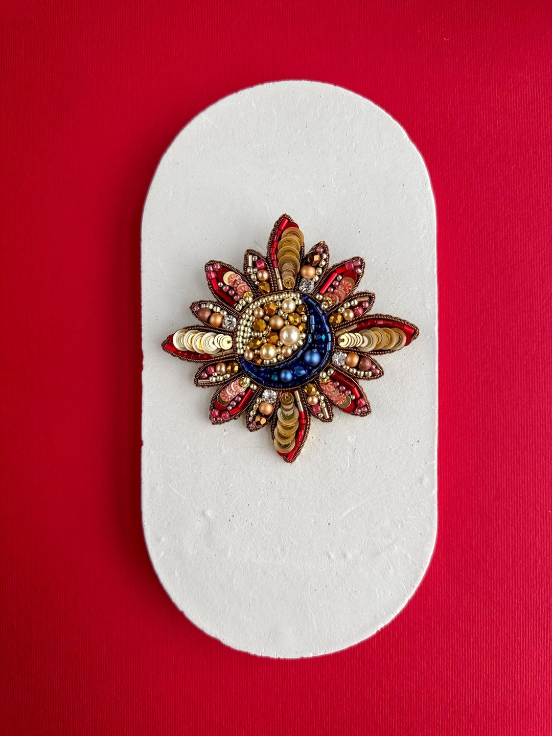 Greek Sun Pin Beaded Sun Brooch Solar Pin Embroidered Handmade Sun and Moon Jewelry ...