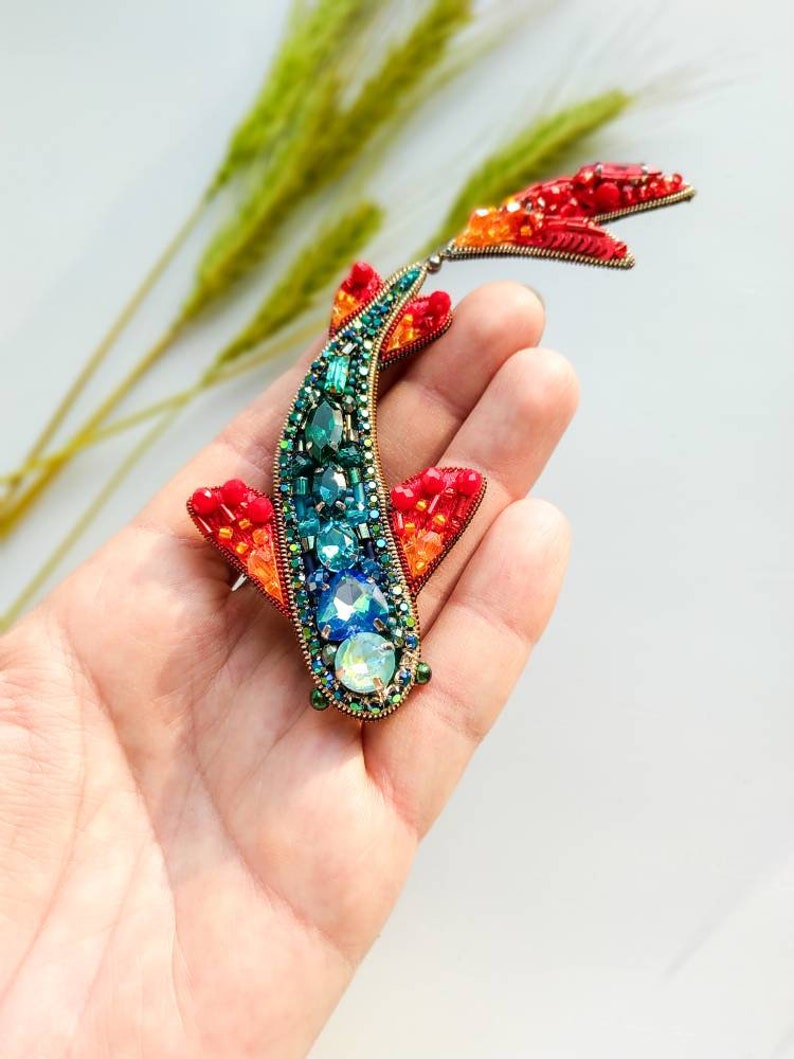 Beaded fish brooch, lapel pin, embroidered jewelry, gift for her, carp jewelry, fish jewelry, crystal brooch, unique gift, pisces Ukraine image 7