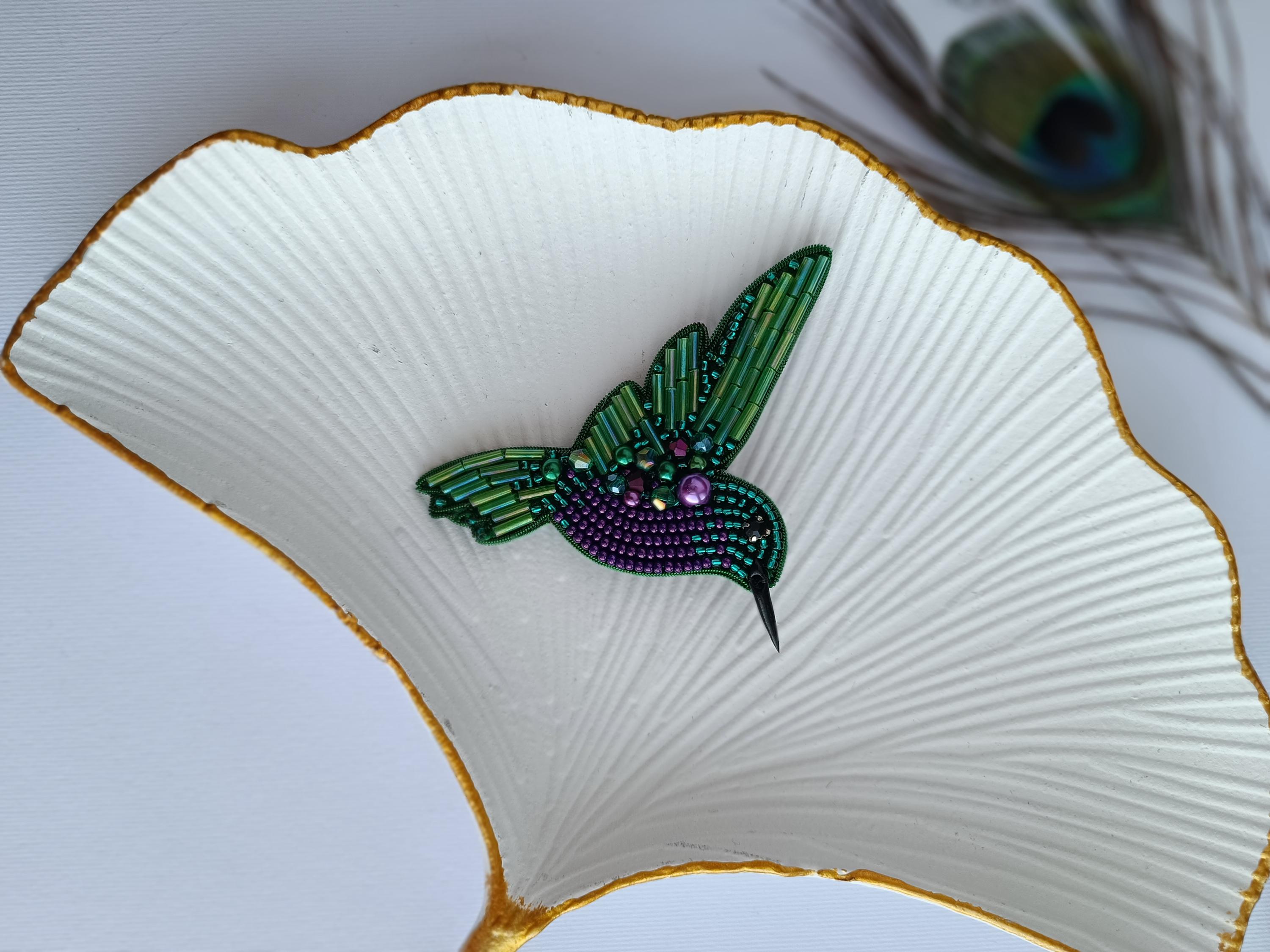 Beaded hummingbird brooch pin embroidered gift for her bird lover jewelry brooch handmade unique gift green and pirple bird colibri pin - Thumbnail 7